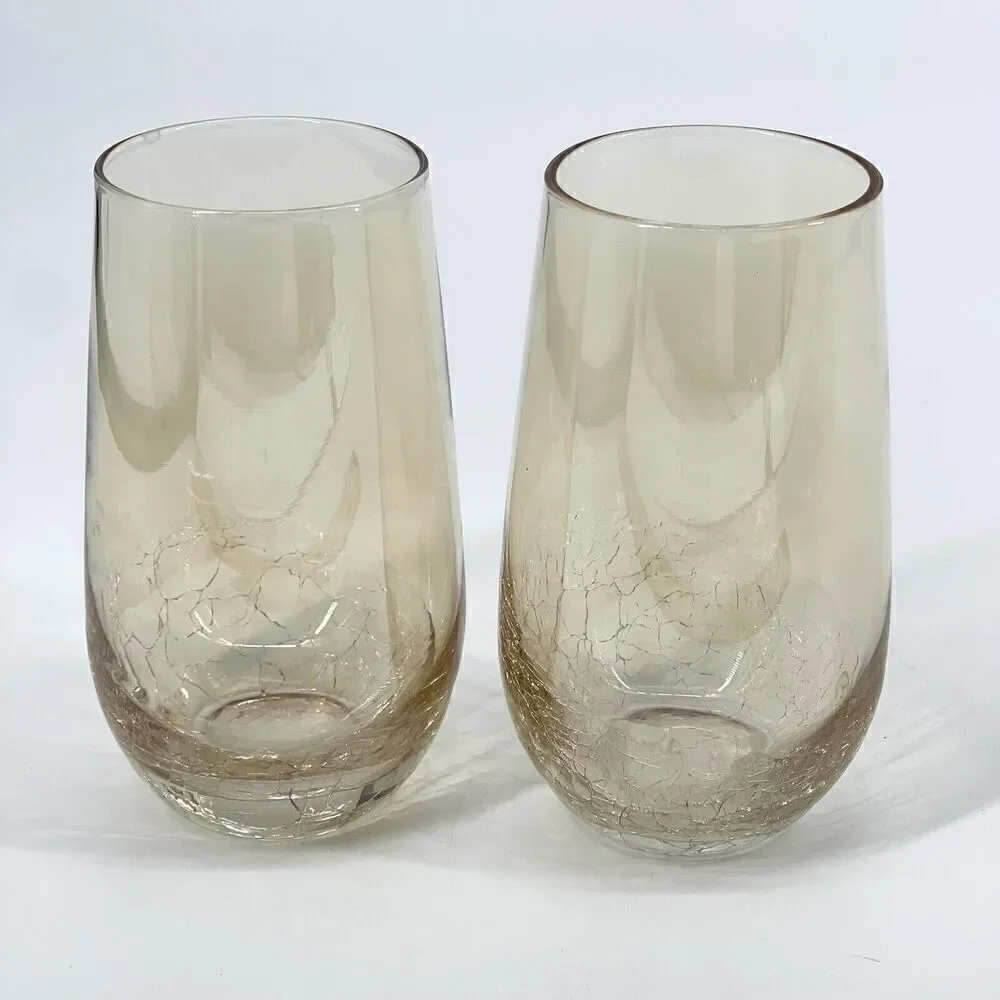 Pier 1 One Crackle Highball Tumblers Glasses Golden Luster Amber 18oz. Set Of 2